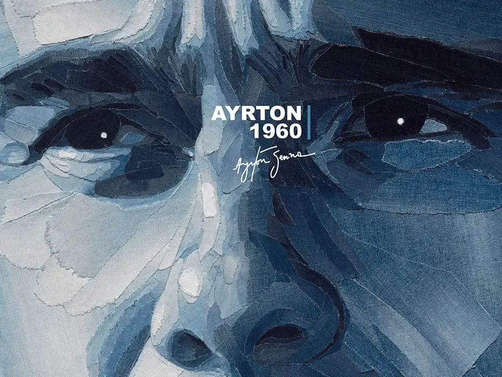 Uitvergroting van het gezicht van Ayrton Senna met Logo Ayrton 1960